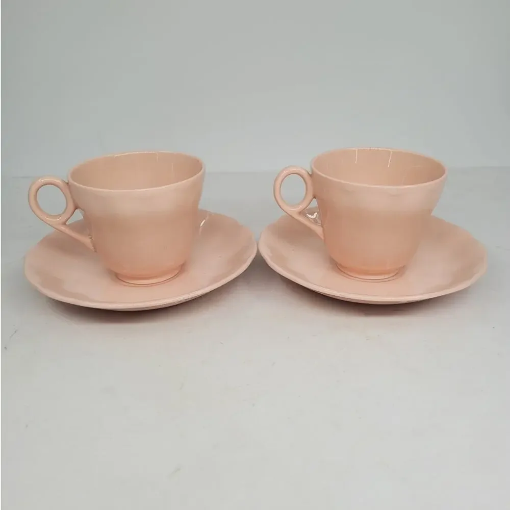 Grindley Peach Petal Pink Teacups Saucers Set of‎ 2 Vintage Wavy Rim China 3-5